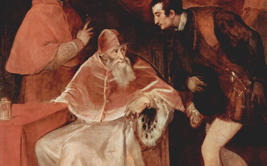 Pope Paul III with his cardinal-nephew Alessandro Farnese (left) and his other grandson, Ottavio Farnese, Duke of Parma (right). The term 'nepotism' came from the practice of popes appointing their nephews to positions of cardinal, creating Cardinal-Nephews.