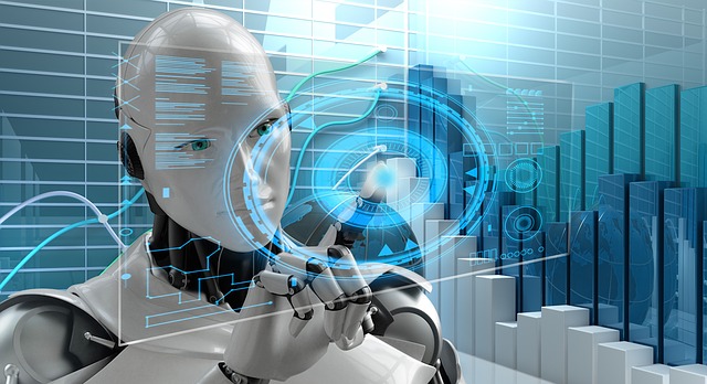 A robot interacting with a transparent digital display. Represents artificial intelligence.