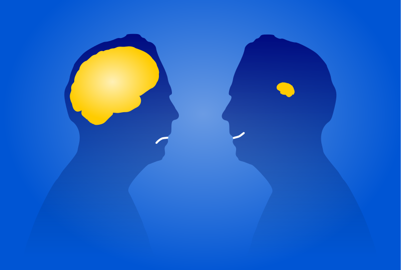 A perfect illustration of the difference between Impostor Syndrome and the Dunning Kruger Effect. Illustration of an unhappy man with a big brain, and a happy man with a small brain.